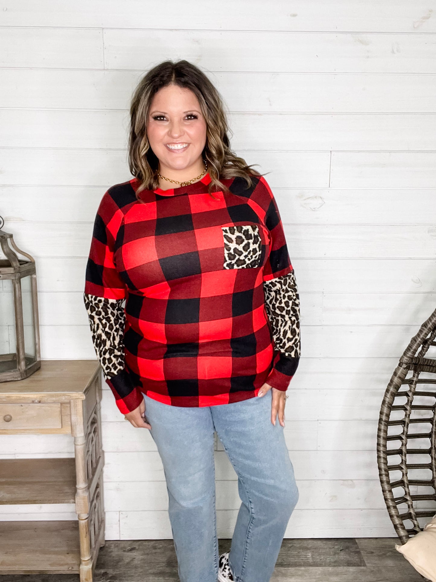 "Bianca" Long Sleeve Buffalo Plaid with Animal Accent Pocket and Sleeve