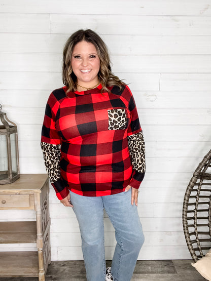 "Bianca" Long Sleeve Buffalo Plaid with Animal Accent Pocket and Sleeve