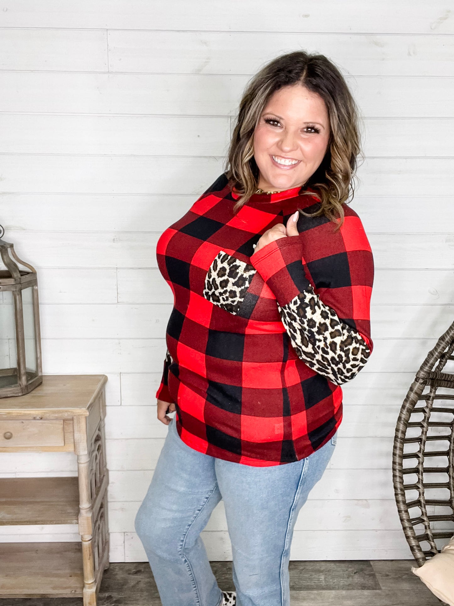 "Bianca" Long Sleeve Buffalo Plaid with Animal Accent Pocket and Sleeve