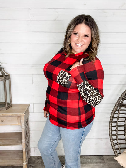 "Bianca" Long Sleeve Buffalo Plaid with Animal Accent Pocket and Sleeve