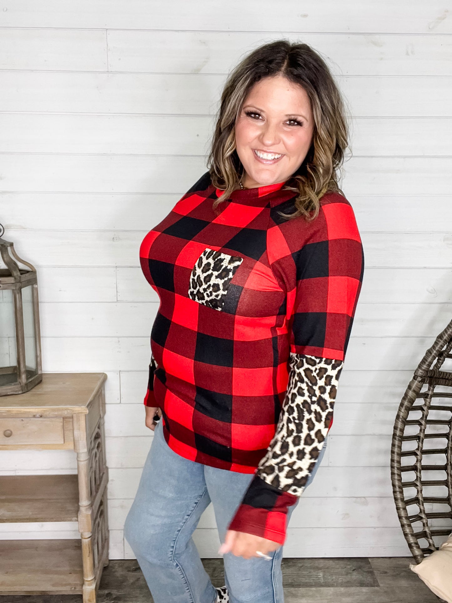"Bianca" Long Sleeve Buffalo Plaid with Animal Accent Pocket and Sleeve