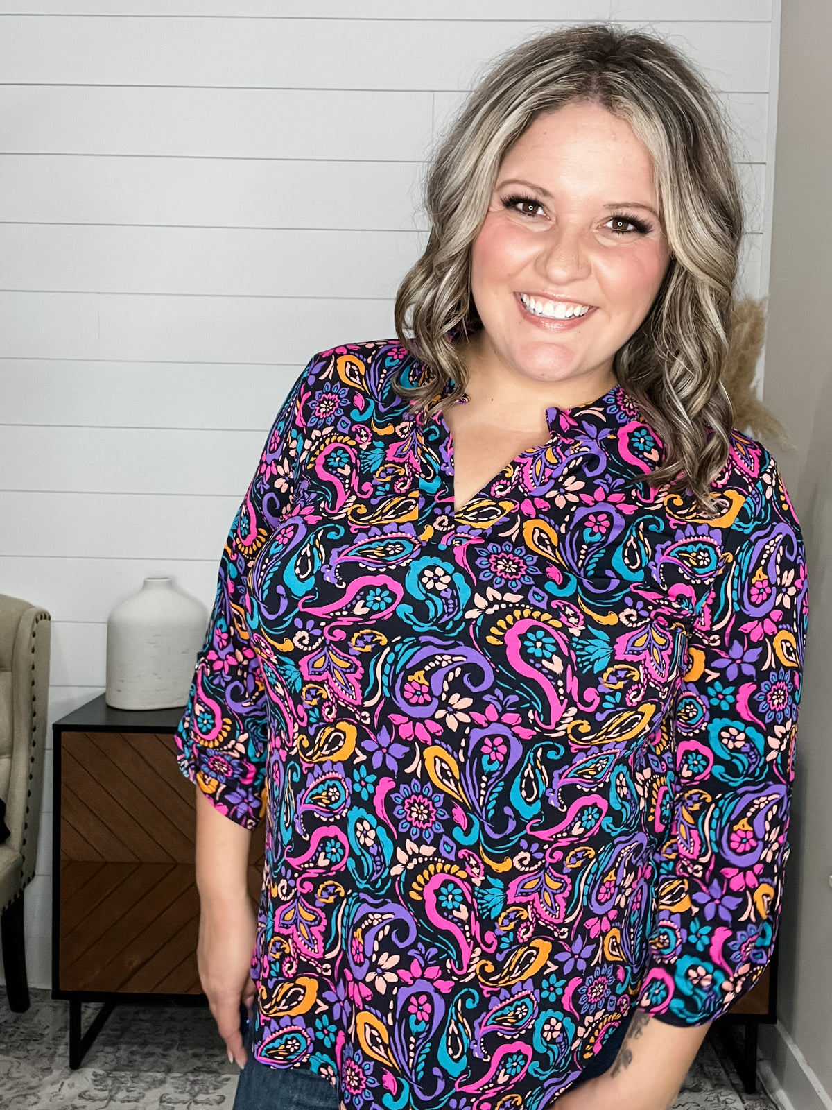 "Taissa" 3/4 Sleeve Split Neck