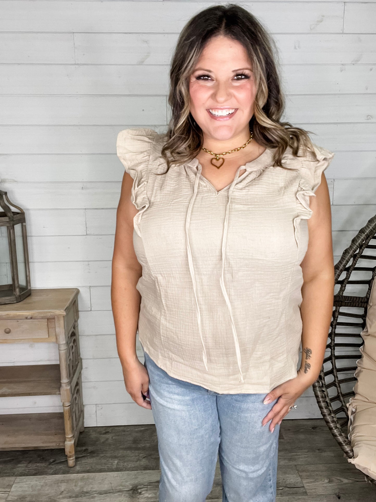 "Wheatland" Ruffle Cap V Neck with Tie Detail (Taupe)