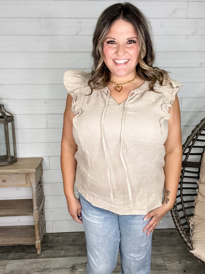 "Wheatland" Ruffle Cap V Neck with Tie Detail (Taupe)