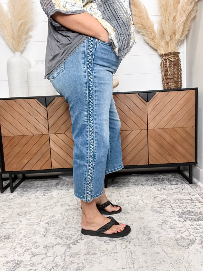 Judy Blue "She's French" Braided Wide Leg Crop Jean