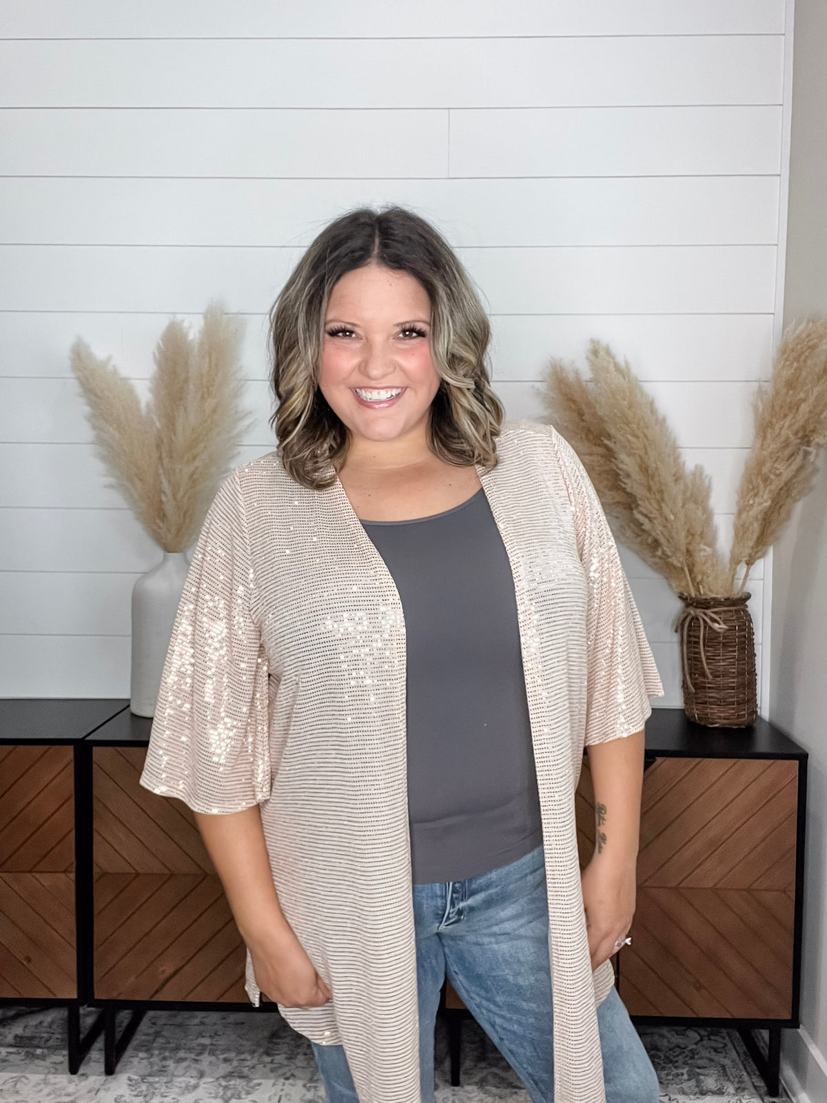 Dear Scarlett "Roosevelt" Short Sleeve Sparkle Cardigan with Double Ruffle Sleeve (Champagne)