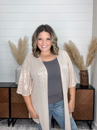 Dear Scarlett "Roosevelt" Short Sleeve Sparkle Cardigan with Double Ruffle Sleeve (Champagne)