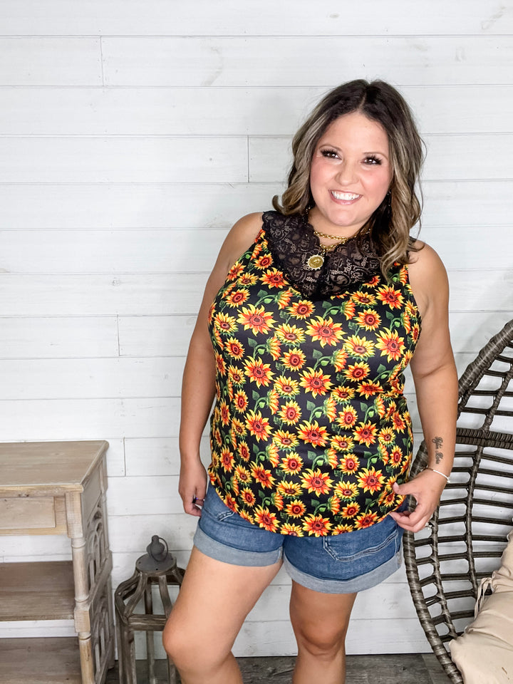 "I Am Happy" Sunflower Tank with Lace Detail