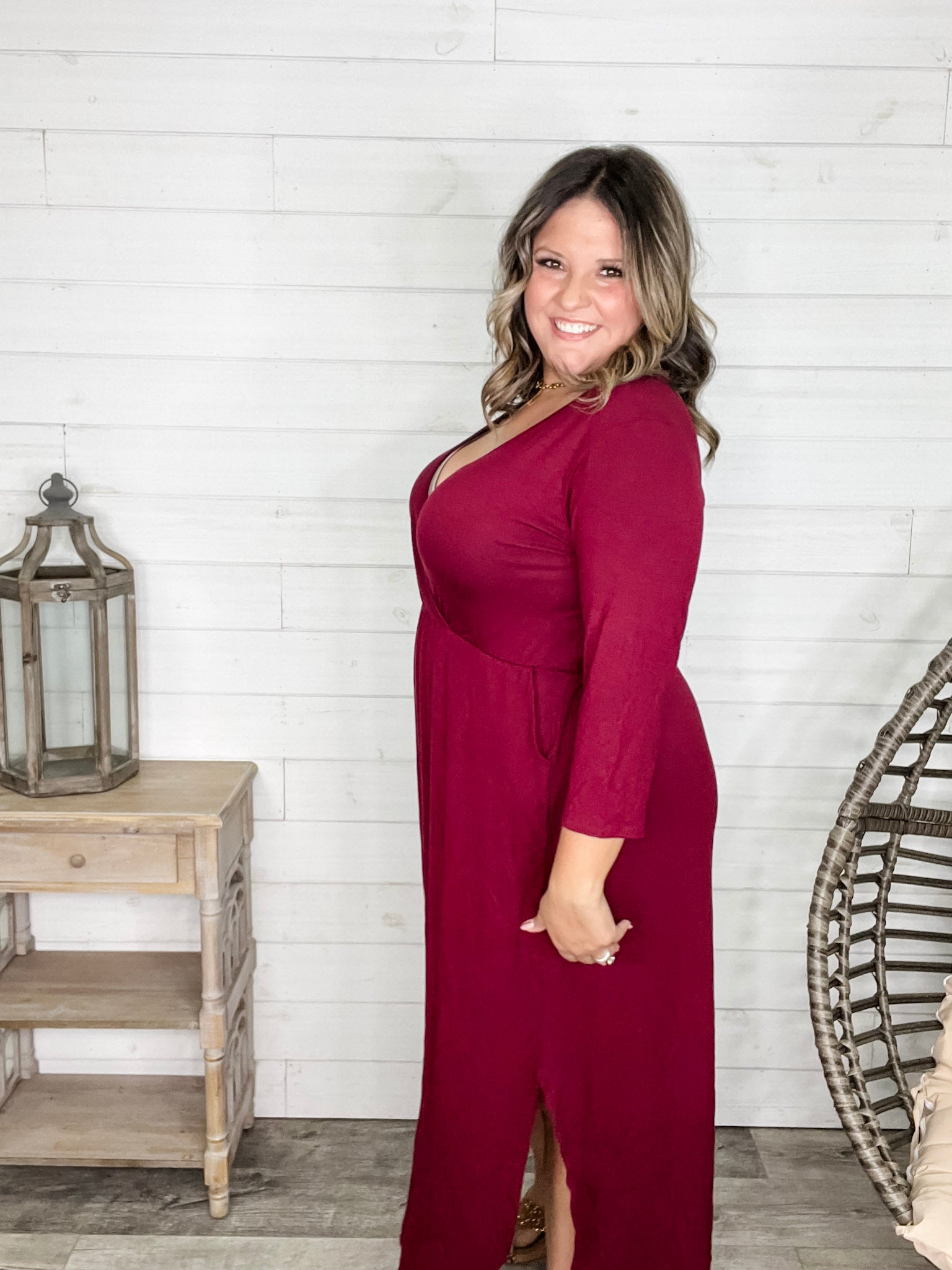 wrap burgundy dress Solid 3/4 Sleeve Wrap Dress with Pockets (Burgundy)