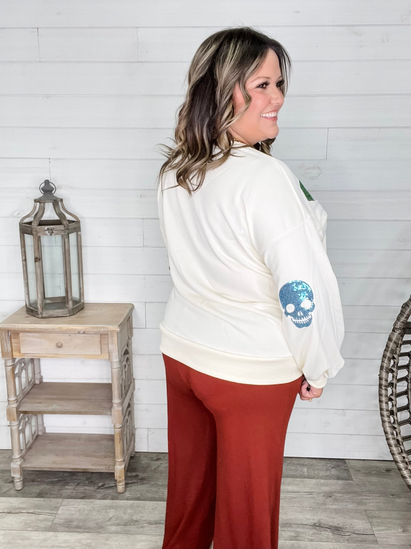 Sequin Skull Crewneck Long Sleeve