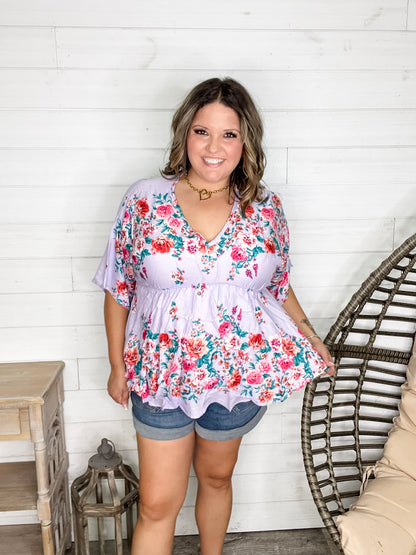 "Mandie" Floral 3/4 Sleeve V Neck Peplum