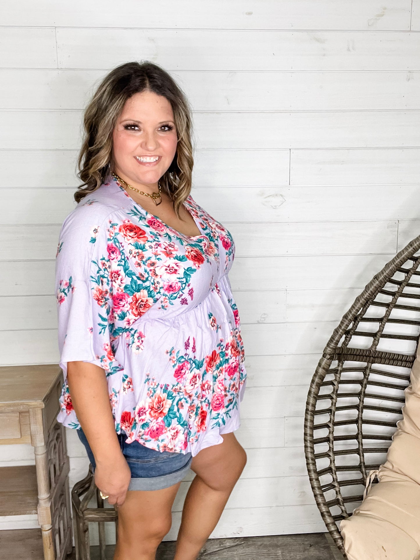 "Mandie" Floral 3/4 Sleeve V Neck Peplum
