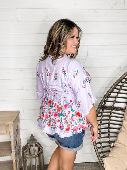 "Mandie" Floral 3/4 Sleeve V Neck Peplum