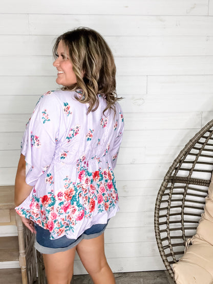 "Mandie" Floral 3/4 Sleeve V Neck Peplum