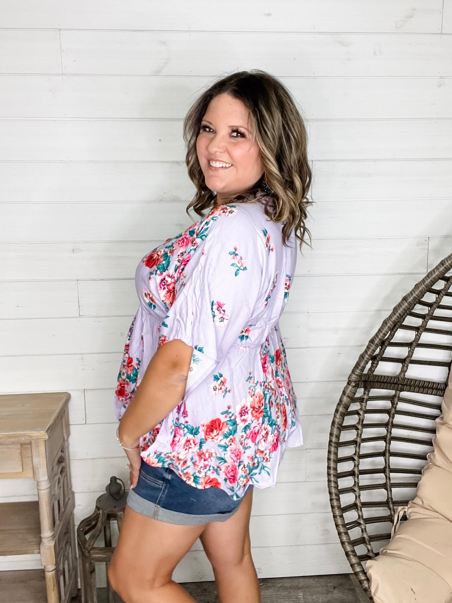 "Mandie" Floral 3/4 Sleeve V Neck Peplum