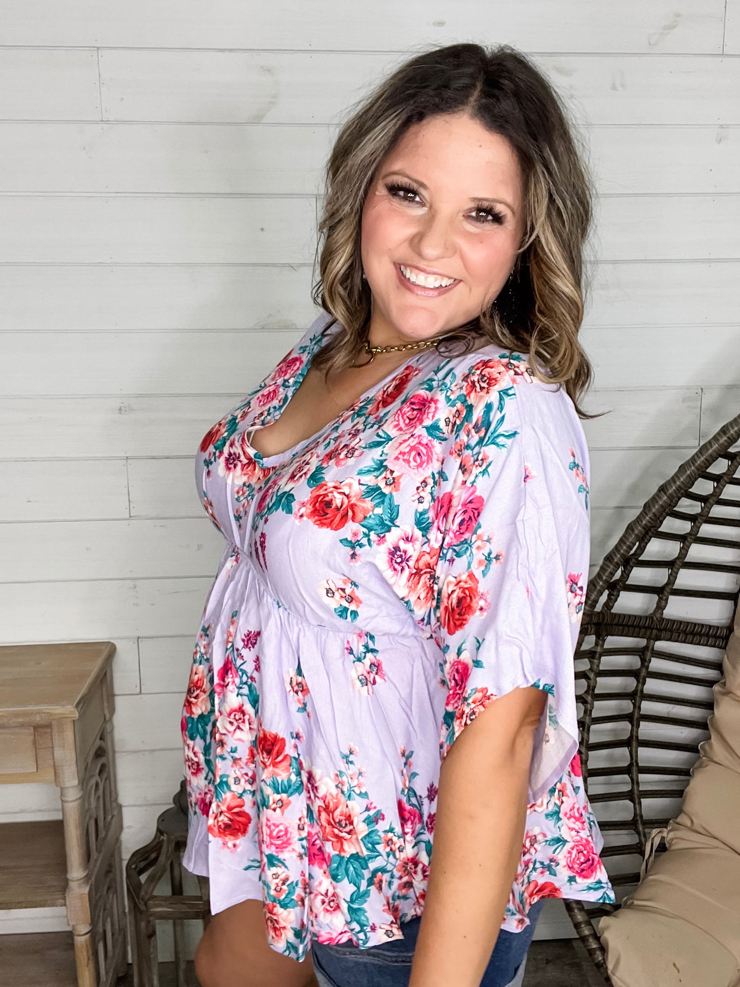 "Mandie" Floral 3/4 Sleeve V Neck Peplum