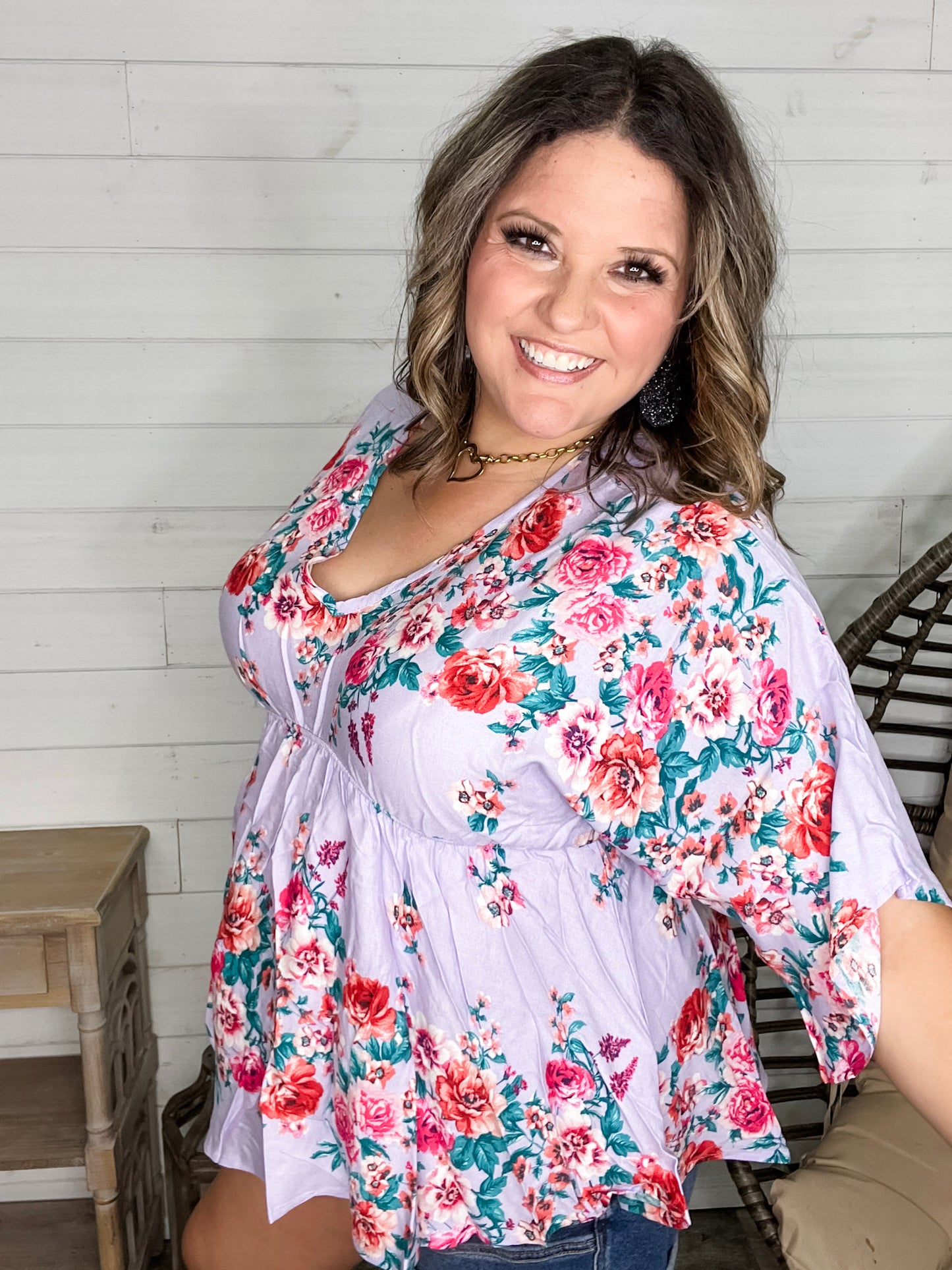 "Mandie" Floral 3/4 Sleeve V Neck Peplum