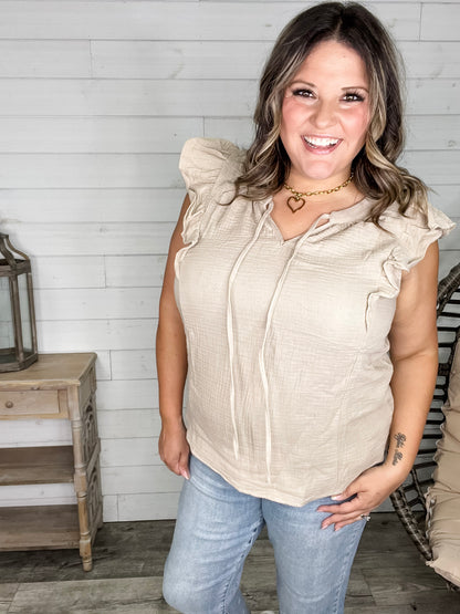 "Wheatland" Ruffle Cap V Neck with Tie Detail (Taupe)