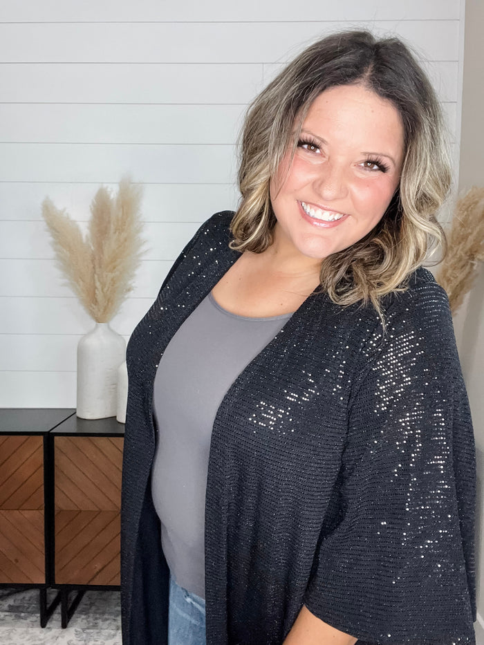 Dear Scarlett "Roosevelt" Short Sleeve Sparkle Cardigan with Double Ruffle Sleeve (Black)