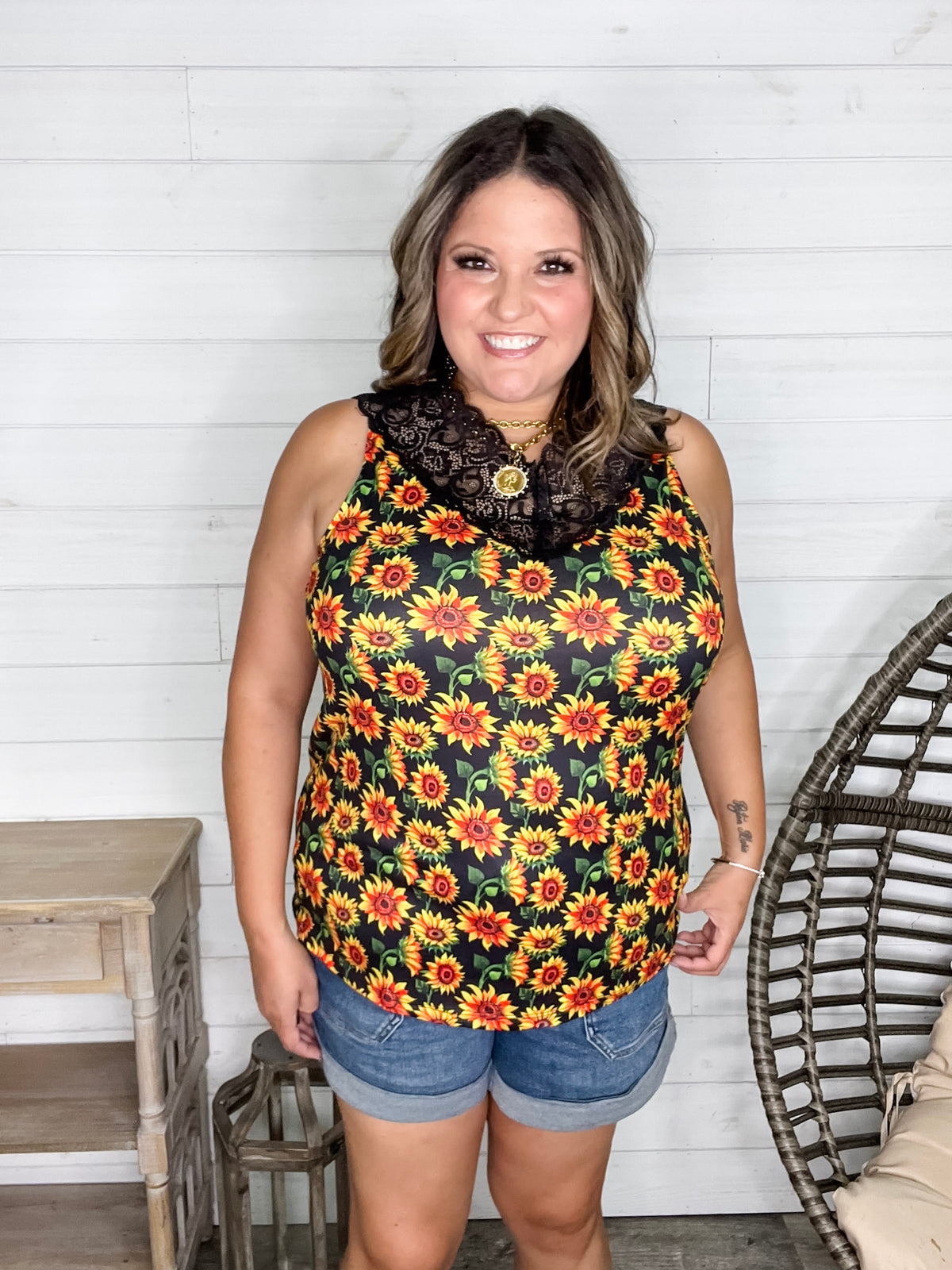 "I Am Happy" Sunflower Tank with Lace Detail