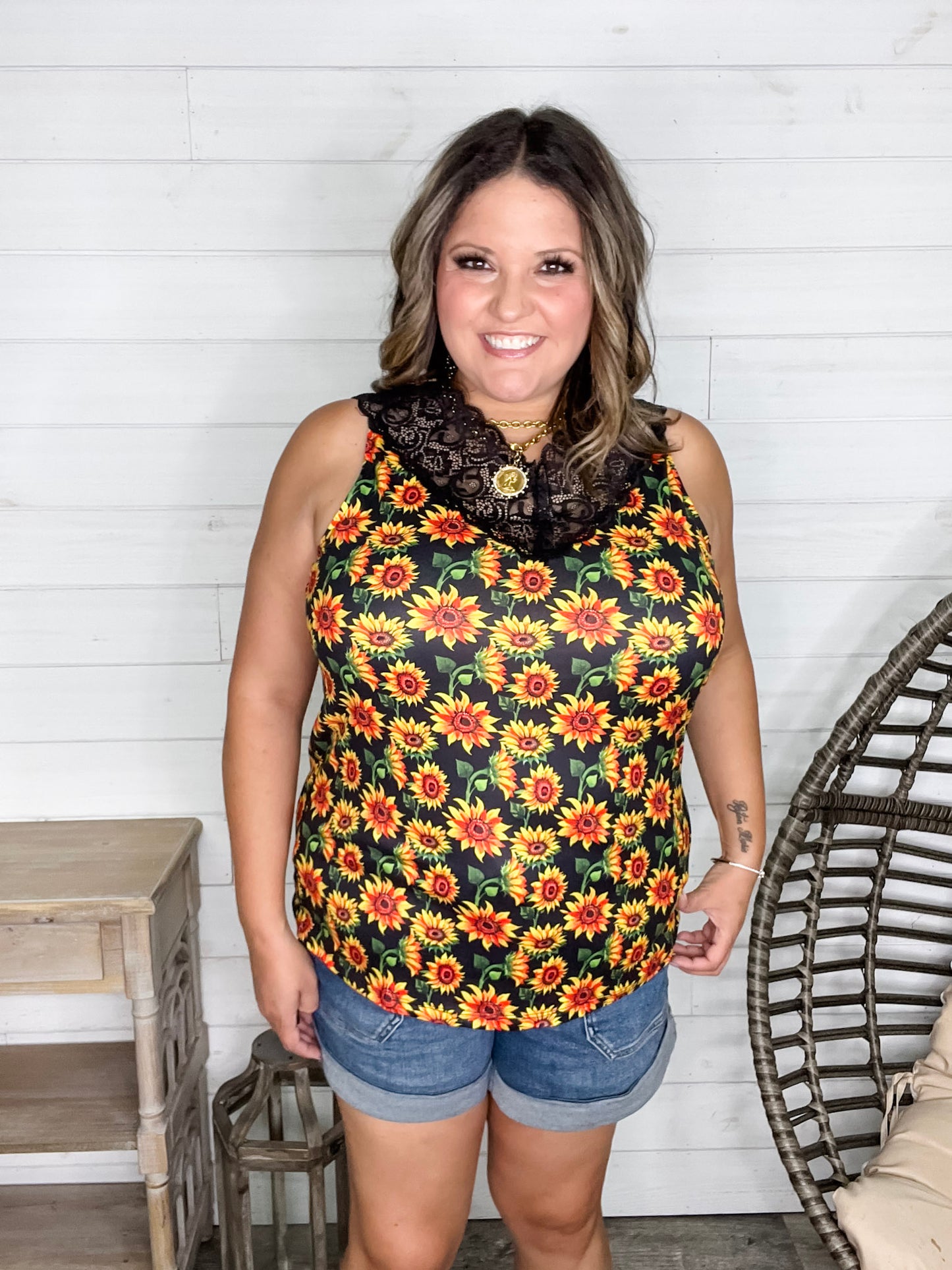 "I Am Happy" Sunflower Tank with Lace Detail