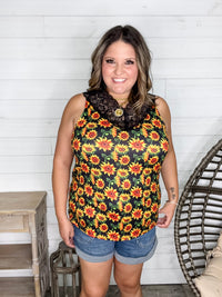 "I Am Happy" Sunflower Tank with Lace Detail