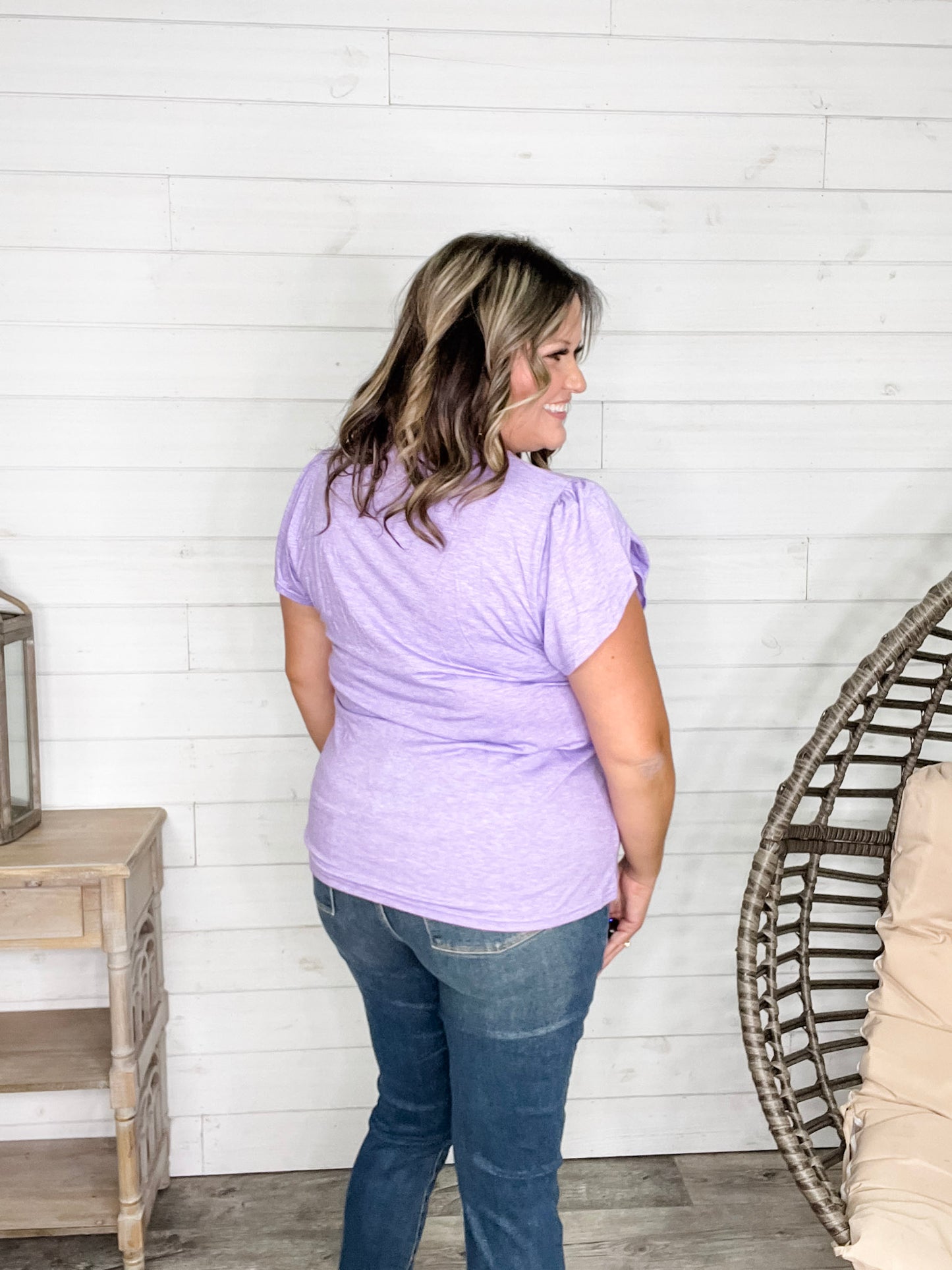 "Just The Beginning Chapter Two" Solid Tulip Sleeve V Neck (Lavender)