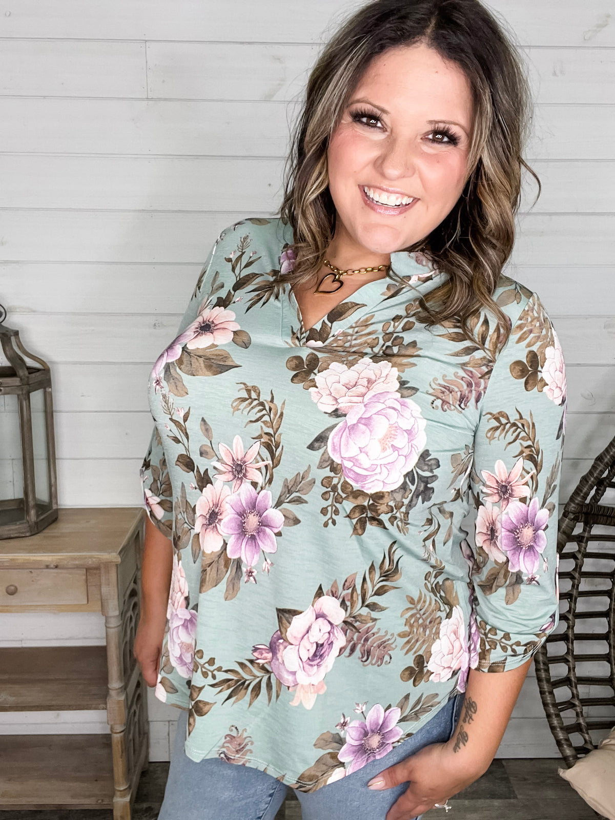 Dear Scarlett "Lifespan" Floral Split Neck Lizzy 3/4 Sleeve Split Neck (Sage)