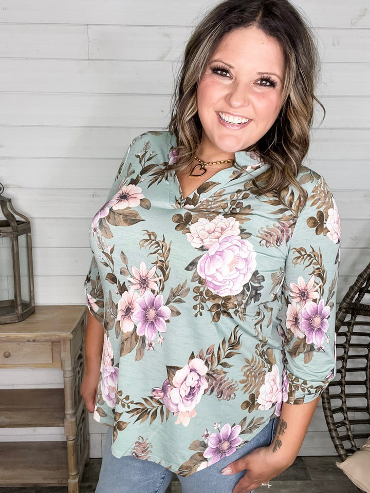 "Lifespan" Floral Split Neck Lizzy 3/4 Sleeve Split Neck (Sage)