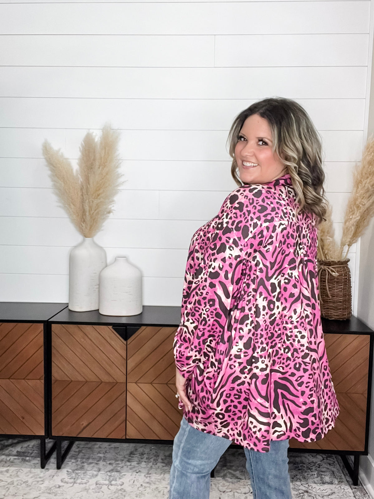 "Turntable" Animal Print Cardigan with 3/4 Sleeve Button Detail