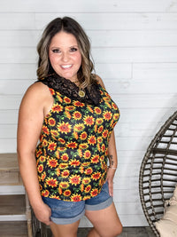 "I Am Happy" Sunflower Tank with Lace Detail