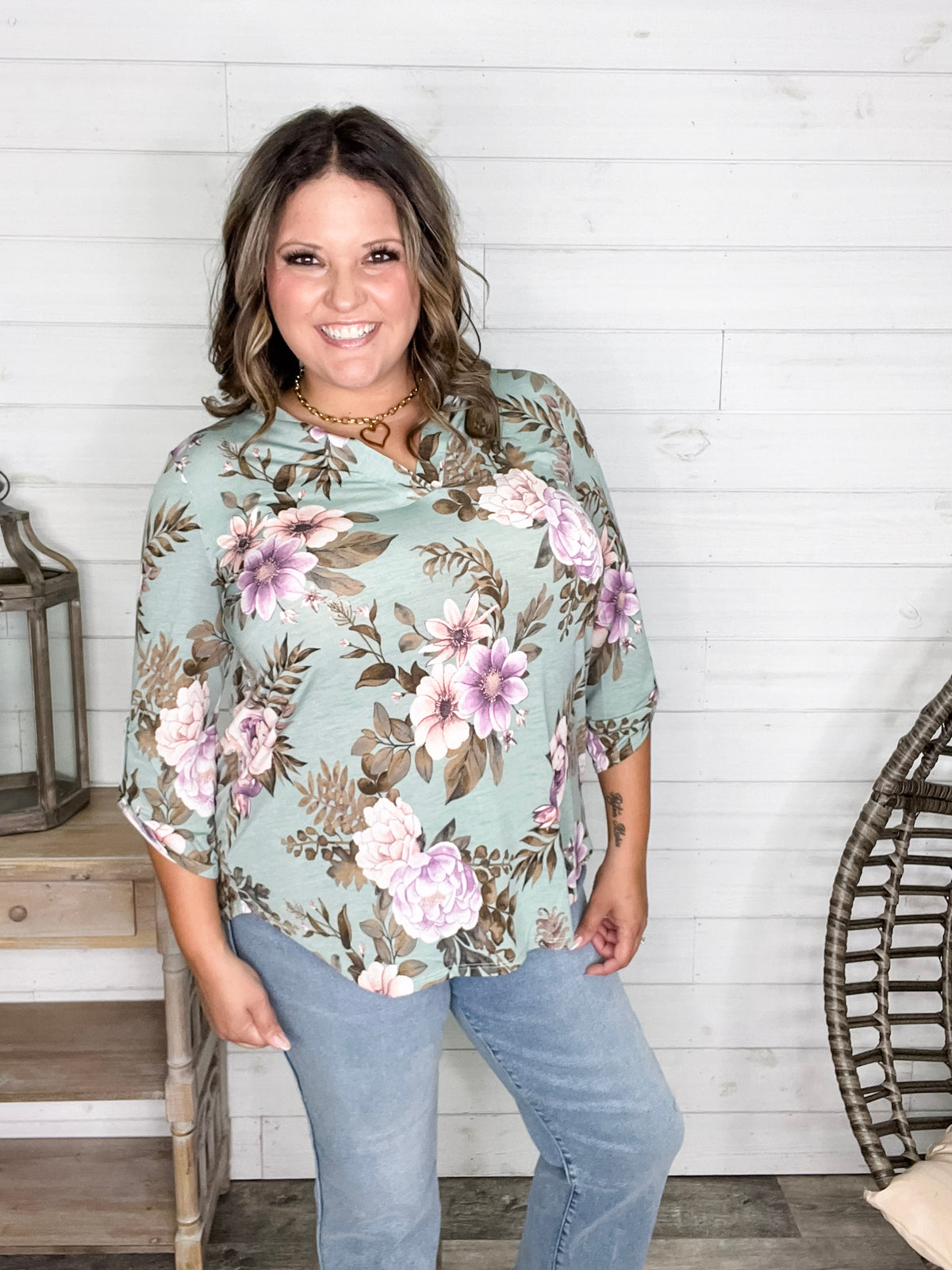 Dear Scarlett "Lifespan" Floral Split Neck Lizzy 3/4 Sleeve Split Neck (Sage)