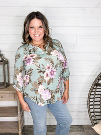 Dear Scarlett "Lifespan" Floral Split Neck Lizzy 3/4 Sleeve Split Neck (Sage)