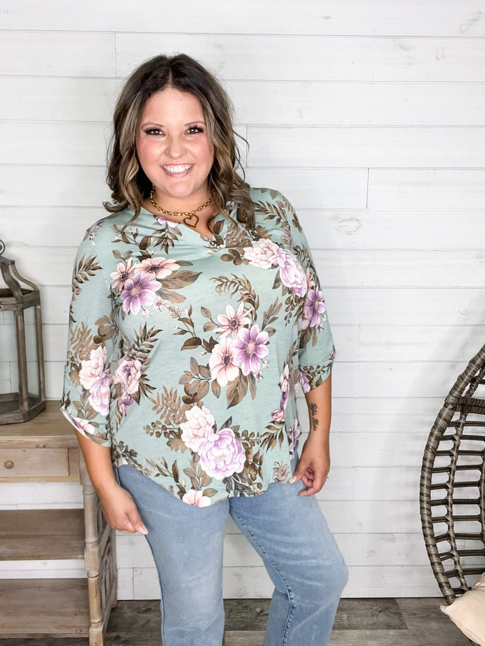 Dear Scarlett "Lifespan" Floral Split Neck Lizzy 3/4 Sleeve Split Neck (Sage)