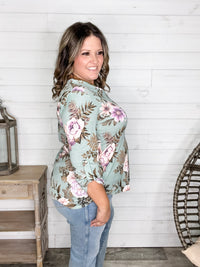Dear Scarlett "Lifespan" Floral Split Neck Lizzy 3/4 Sleeve Split Neck (Sage)