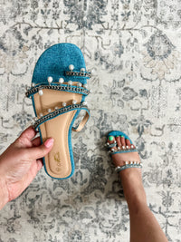 "Engaged" Pearl Embellished Flat Sandal (Denim)