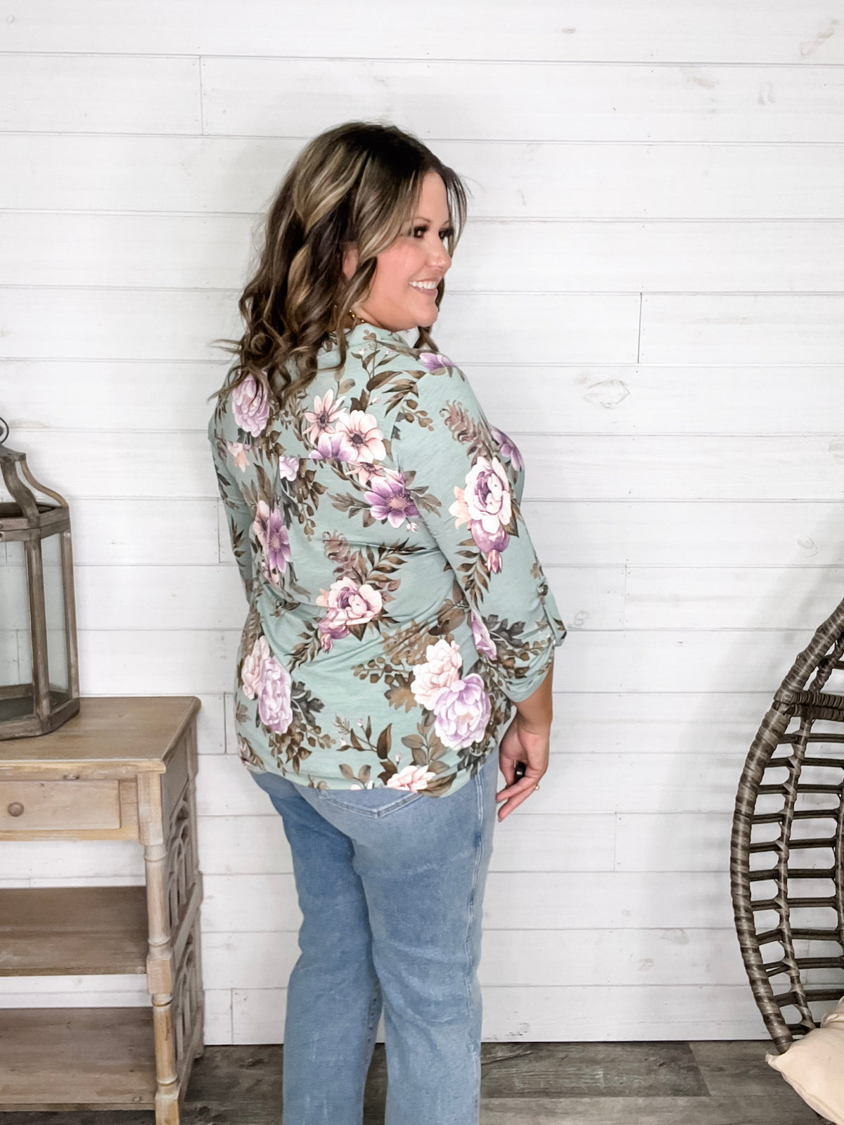 Dear Scarlett "Lifespan" Floral Split Neck Lizzy 3/4 Sleeve Split Neck (Sage)