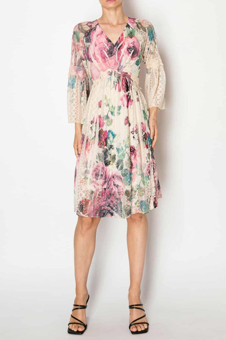 "Bed of Roses" Long Sleeve V Neck Lace Midi Dress