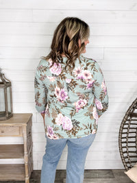Dear Scarlett "Lifespan" Floral Split Neck Lizzy 3/4 Sleeve Split Neck (Sage)