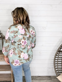 Dear Scarlett "Lifespan" Floral Split Neck Lizzy 3/4 Sleeve Split Neck (Sage)