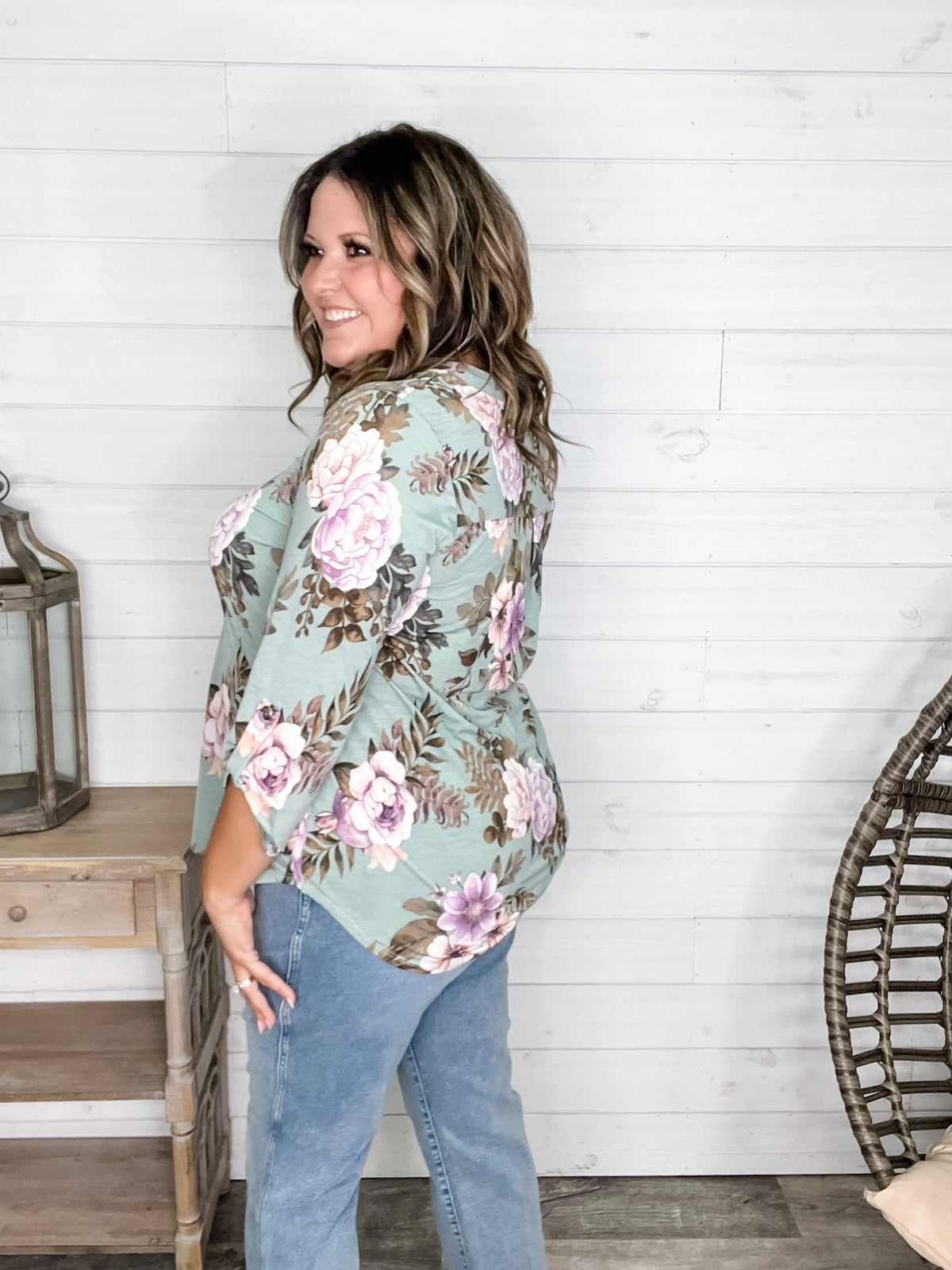 Dear Scarlett "Lifespan" Floral Split Neck Lizzy 3/4 Sleeve Split Neck (Sage)