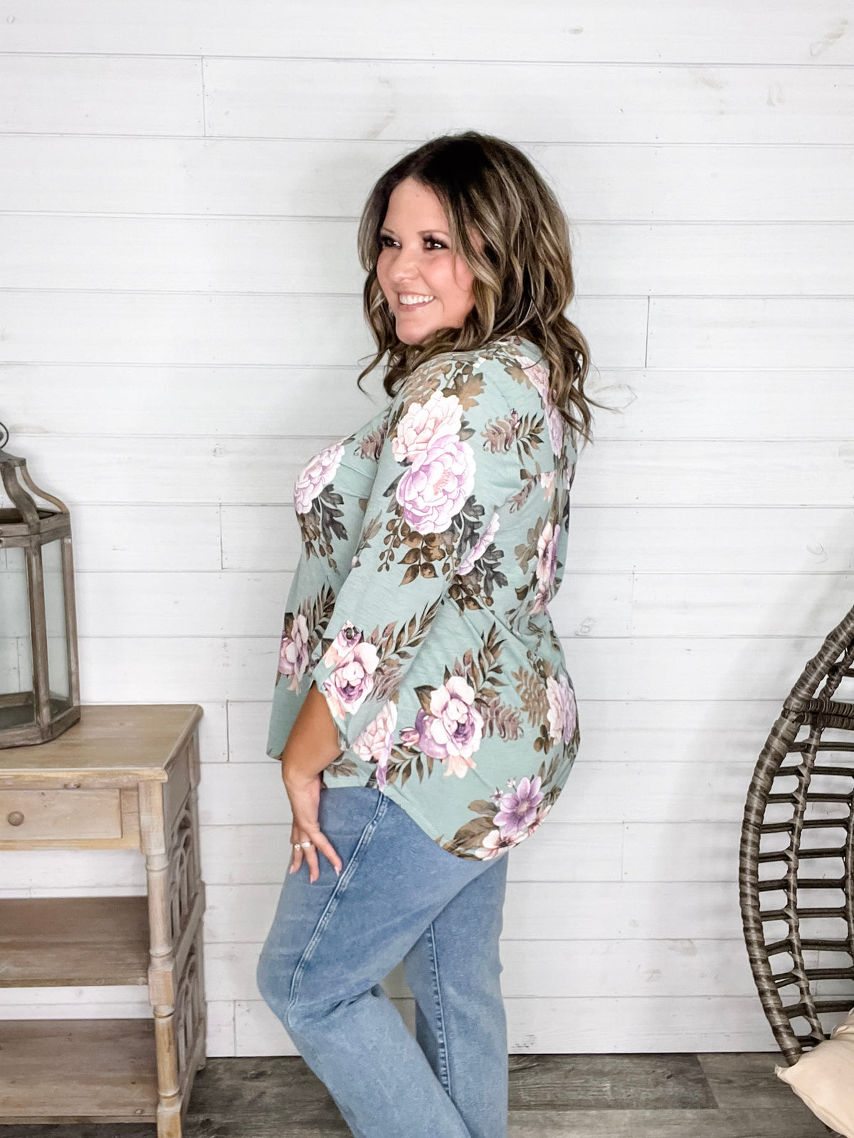 Dear Scarlett "Lifespan" Floral Split Neck Lizzy 3/4 Sleeve Split Neck (Sage)