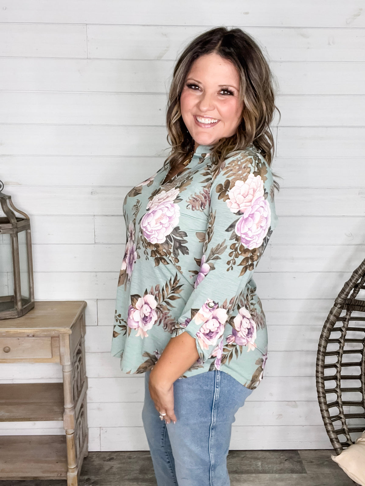 Dear Scarlett "Lifespan" Floral Split Neck Lizzy 3/4 Sleeve Split Neck (Sage)