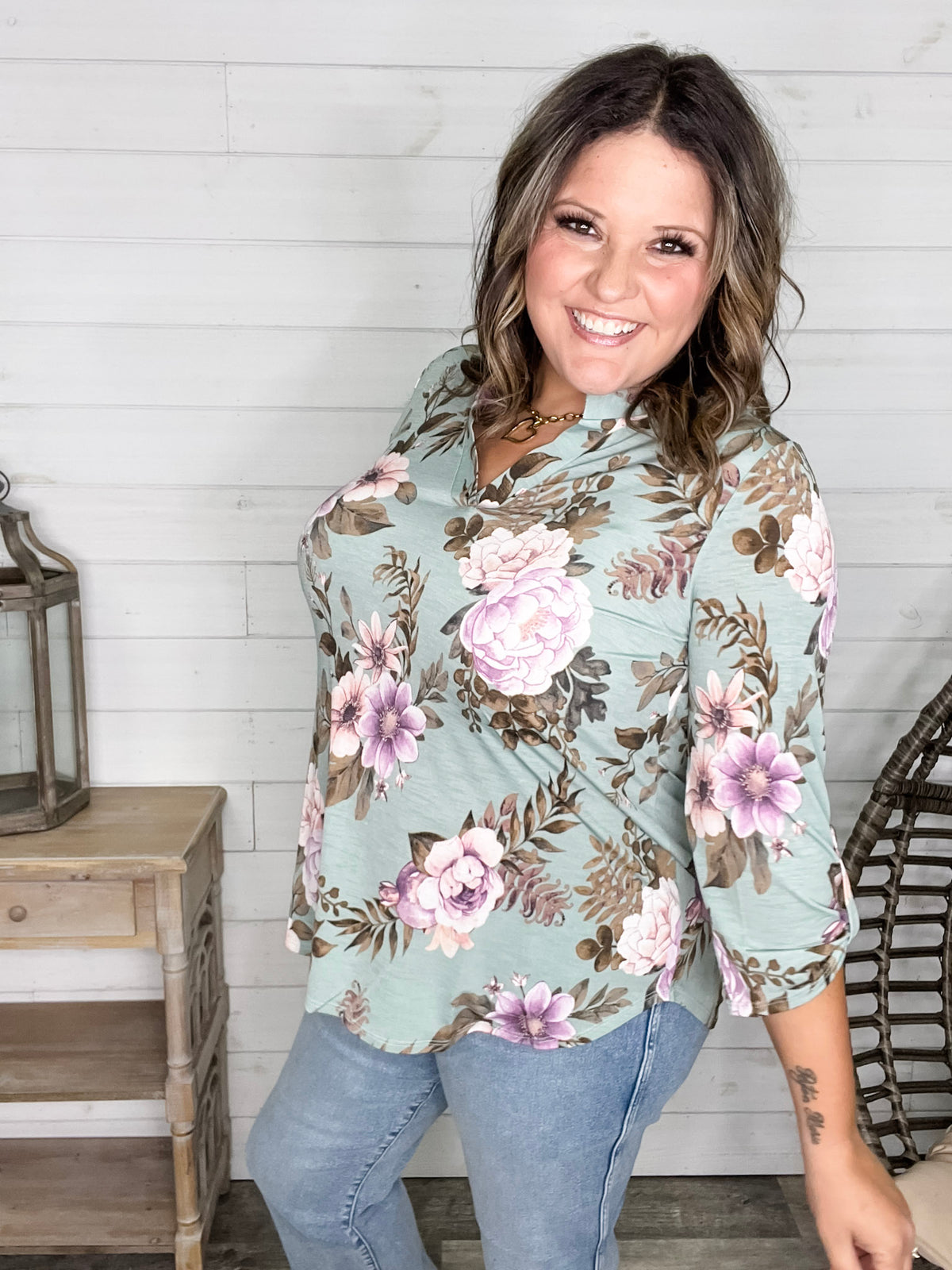 Dear Scarlett "Lifespan" Floral Split Neck Lizzy 3/4 Sleeve Split Neck (Sage)