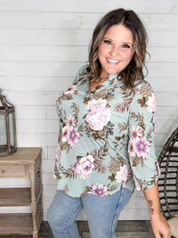 Dear Scarlett "Lifespan" Floral Split Neck Lizzy 3/4 Sleeve Split Neck (Sage)