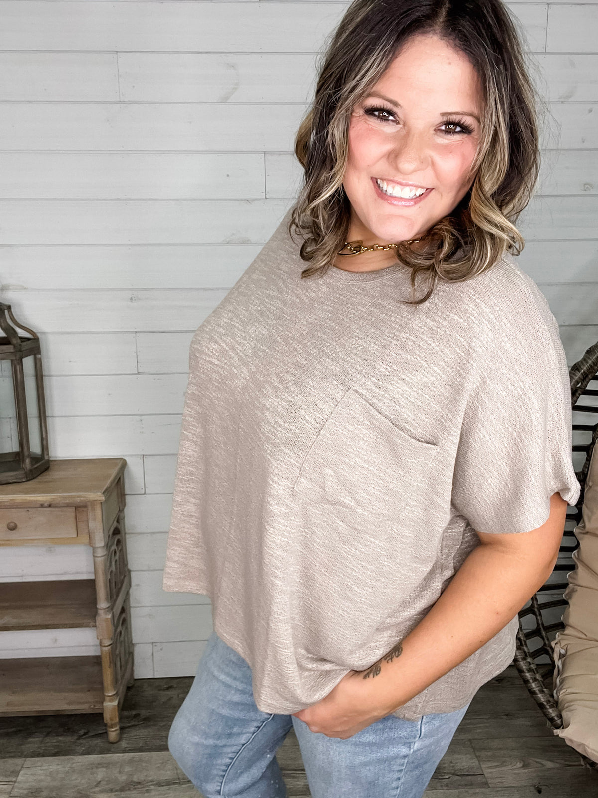 "Ponder" Oversized Hacci Tee with Chest Pocket (Ash Mocha)