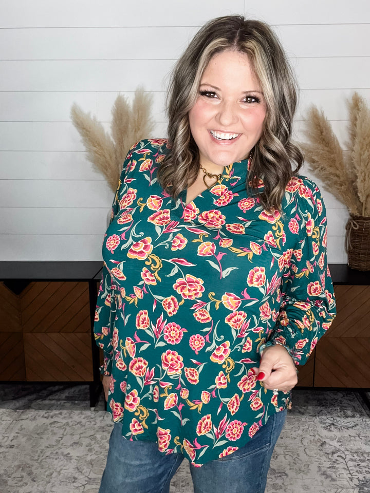 "Fayetteville" Smocked Wrist Long Sleeve Split Neck