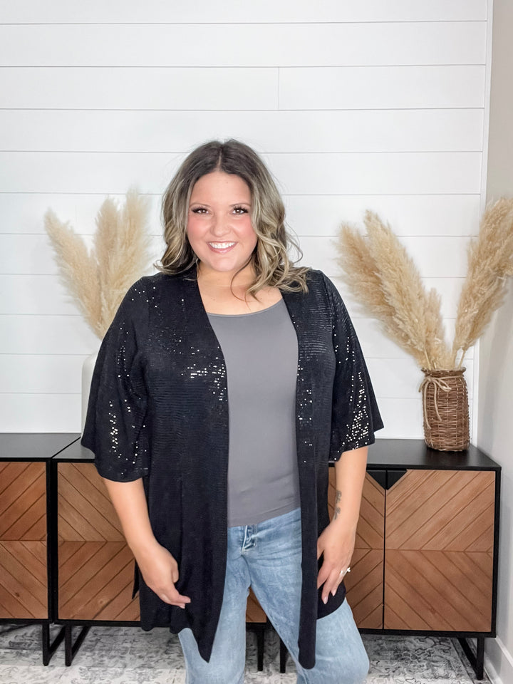 "Roosevelt" Short Sleeve Sparkle Cardigan with Double Ruffle Sleeve (Black)