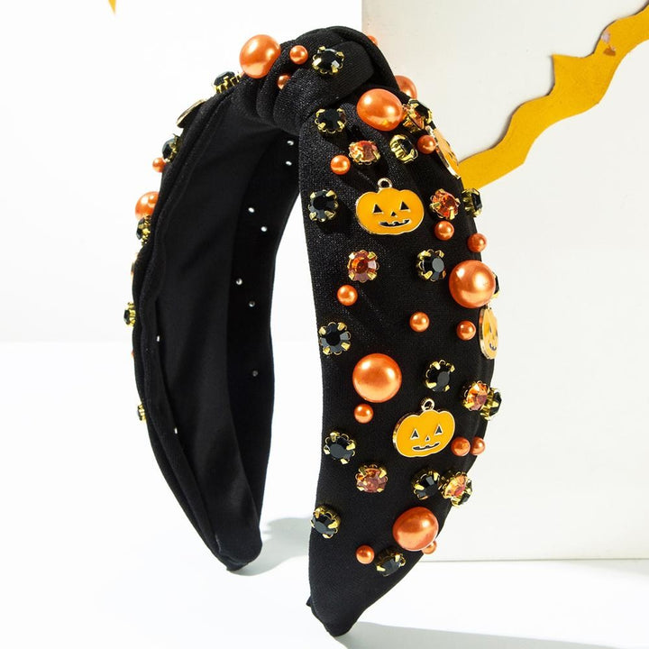 Enamel Jack-O-Lantern, Orange Pearl, & Rhinestone Studded Knotted Headband