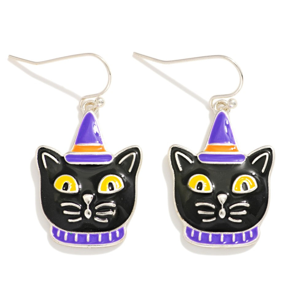 Enamel Halloween Cat Drop Earrings